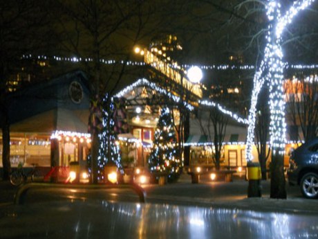 The festive lights at Granville Island.