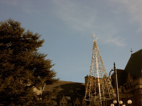 Happy to still see the festive decorations; light tree in front of the Empress Hotel.