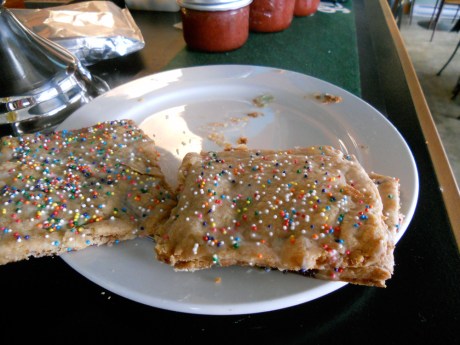 New and delicious toaster-style pastries at Clay Pigeon, Victoria BC. And in the background, their amazing strawberry/rhubarb compote.