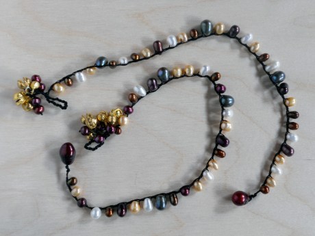 Anklets with gorgeous teardrop pearls and brass bells. Firehorse Designs, Victoria BC.