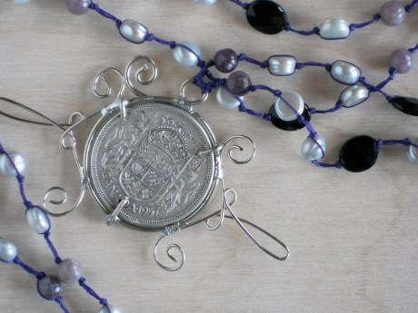 Wire-wrapped coin and pearls, detail. © Firehorse Designs 2013