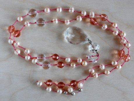 Peachy-pink pearls and faceted glass with a chandelier crystal pendant. © Firehorse Designs 2013
