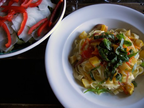 GJ made fresh fettucini for our feast and we served the pasta with a gorgeous salad of greens, shaved cucumber and daikon, red pepper and scallion all from the farmer's market.