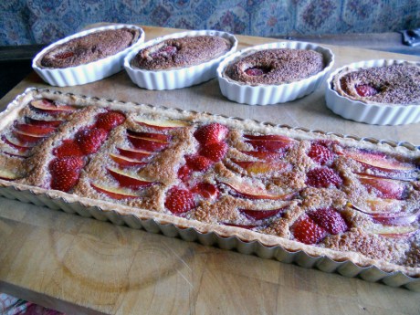 For dessert I made two adaptations on a recipe I usually save for the autumn: Pear Frangipani Tart. I replaced strawberries and nectarines for poached pears in the long tart and grated some 70% chocolate into the tart shells before filling with frangipani and a half strawberry.