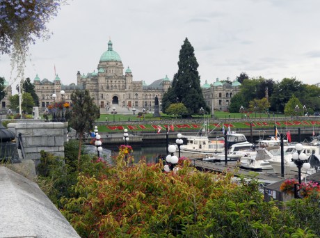 A grey day at the harbour. The famous Victoria flower baskets are beginning to wain, but the "Welcome to Victoria" red flower beds along the lower causeway are still vibrant and inviting.