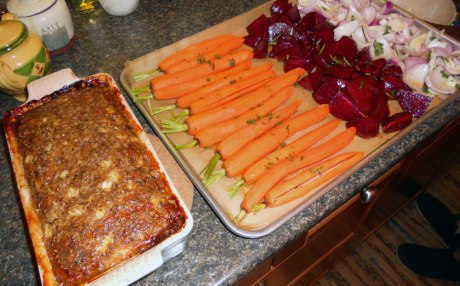 Delicious nut loaf comes out of the oven to make room for the roasting vegetables.
