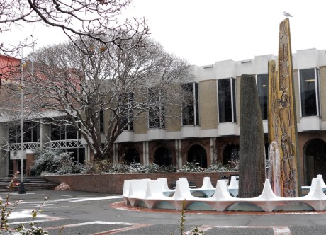 Snow and seagull in Centennial Square.