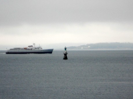 The Blackball Ferry Line MV Coho arriving from Port Angeles with the hills of Metchosin and Sooke in the background.