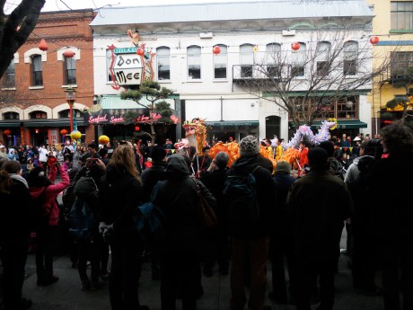 Participants and spectators taking part on the Lunar New Year Lion Dance, Chinatown Victoria BC.