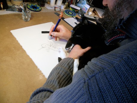 GJ works on a new drawing for a book he hopes to publish soon and Taxicab helps.