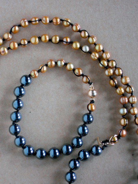 Combined the hematite beads with some gold-coloured pearls. The necklace has a front-closure gold-fill toggle clasp and I reused the 18K clasp from the original piece in the bracelet. I'm really pleased with this colour combo.