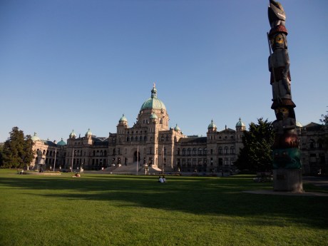 The lush lawn at the Legislative building in the rich evening light.