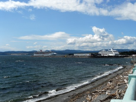 The cruise ship terminal at Ogden Point; one in and another arriving.