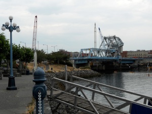 Looking back, a view of our hard-working blue bridge; still in service while it's replacement is being built beside it. 