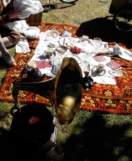 One of the especially nice picnics, gramophone and tweedy teddy included.