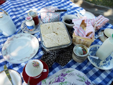 My picnic: tea sandwiches, cream scones with strawberry jam and clotted cream, lemon cake and plums.