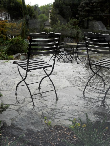 The rain comes down, all cool and refreshing, as we sip our tea and take our time over the wonderful delectables.