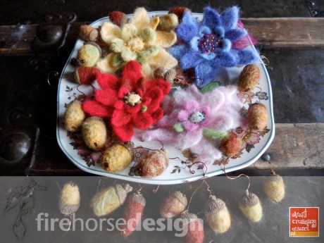 New felted items, flower pins and little acorns. © Firehorse Designs, 2014.
