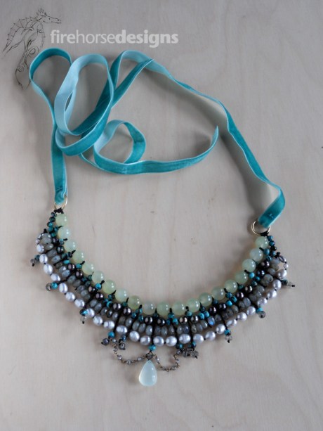 Jade, freshwater pearls, labradorite, brass, chalcedony and velvet. © Firehorse Designs 2015.
