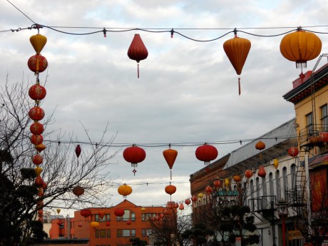 The 500 block of Fisgard Street, Victoria BC, decorated with new lanterns for the New Year.