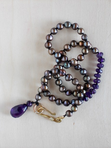 Amethyst and fresh-water pearls with brass.